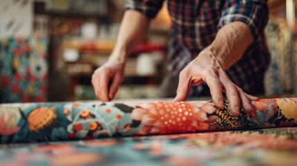 Close-up of hands choosing fabrics with vibrant patterns and colors - obrazy, fototapety, plakaty