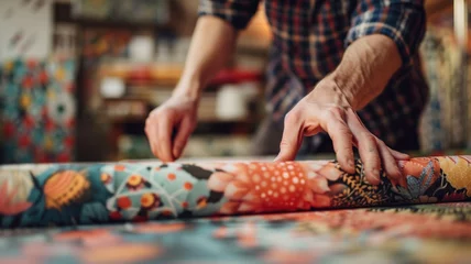 Foto op Aluminium Close-up of hands choosing fabrics with vibrant patterns and colors © Татьяна Макарова