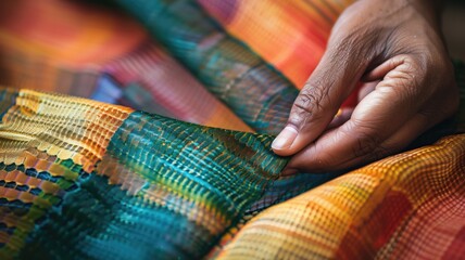 Close-up of vibrant textile in hands, showcasing cultural craft and texture - obrazy, fototapety, plakaty