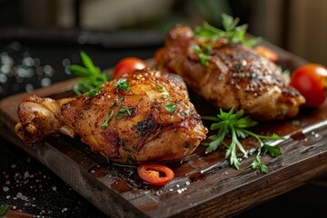 Closeup of a rustic style homemade fried chicken chop on a wooden board