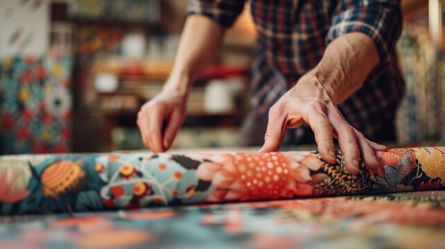 Close-up of hands choosing fabrics with vibrant patterns and colors