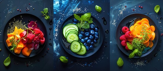 Three plates showcasing a variety of fresh fruits and vibrant vegetables, including colorful bell peppers, juicy strawberries, ripe blueberries, crisp lettuce, and crunchy carrots. - obrazy, fototapety, plakaty