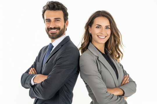 Confident businesswoman and person with crossed arms smiling and appearing professional in front of a white background