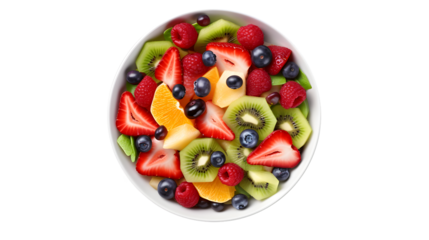 Fruit salad in a plate isolated on transparent background, top view.  Healthy diet food.