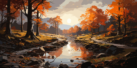 landscape painting of beautiful forest with sunlight,illustration