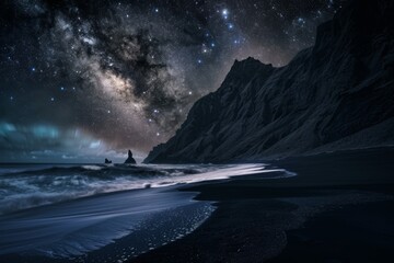 Starry night over rugged cliffs and serene beach landscape