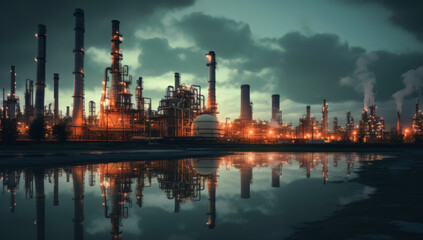 Nuclear, coal,energy power station under cloudy sky, industrial factory spewing thick, black smoke into the atmosphere, contributing to air pollution. Global warming concept