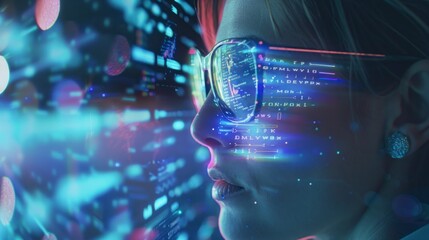 woman with glasses concept innovation, technology, futuristic, neon, woman - obrazy, fototapety, plakaty