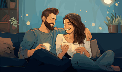 Naklejka na ściany i meble Laughing Couple During a Cozy Home Movie Night isolated vector style on isolated background illustration