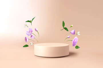 Round beige podium for cosmetic beauty product with flowers