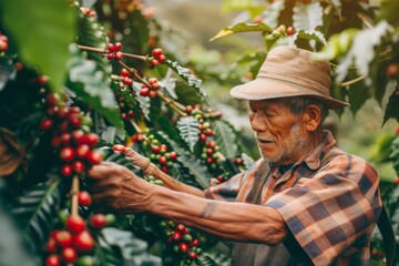 Farmer harvesting Arabica coffee beans from the tree - obrazy, fototapety, plakaty