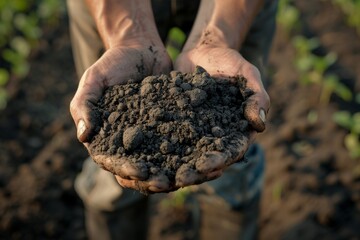 Farmer s hands hold fertile soil in plowed field for agriculture