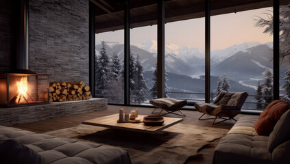 Living space with fireplace and window scene, Modern chalet living room with a warm fireplace and a view of snow-covered trees, embodying luxurious comfort.