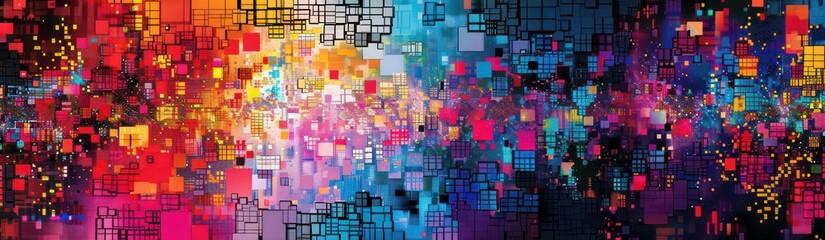 Vibrant digital city with pixelated color blocks