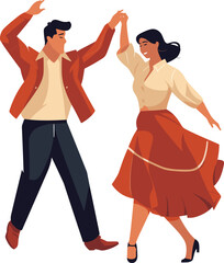 Man and woman dancing happily together. Male in casual attire and female in red skirt, joyous dance moves. Retro style dance vector illustration.