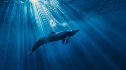 Fototapeta premium a cinematic photo of a whale in the deep blue sae, stunning sunbeams cutting through the water, medium distance