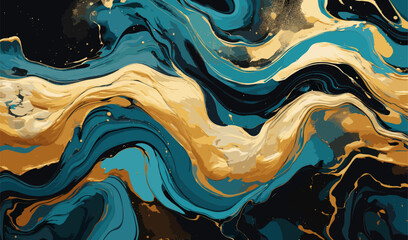 liquid paint artwork with fluid formation, paint swirls colorful gold marble teal luxurious seamless illustration - obrazy, fototapety, plakaty