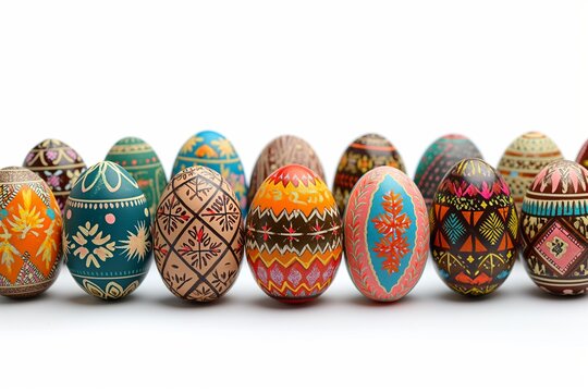 Many types of Ukrainian Easter eggs on a white background
