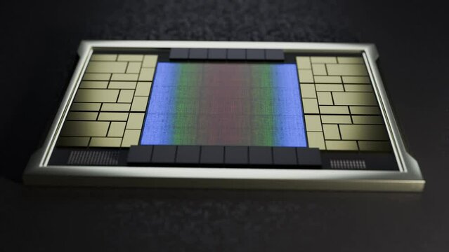 3d rendered animation of a chiplet multi-chip module (MCM) from different angles.