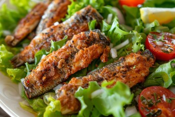 Fresh Greek sardines in batter served on crisp lettuce in a healthy regional seafood dish - obrazy, fototapety, plakaty