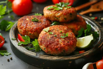 Foto op Canvas Fresh herbs and vegetables accompany homemade cutlets © VolumeThings