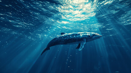 Fototapeta premium a cinematic photo of a whale in the deep blue sae, stunning sunbeams cutting through the water, medium distance