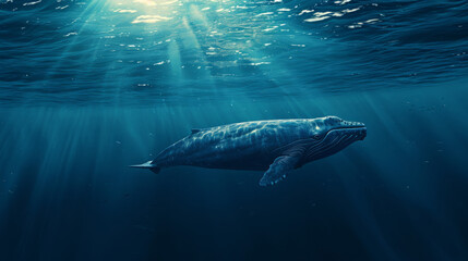 Obraz premium a cinematic photo of a whale in the deep blue sae, stunning sunbeams cutting through the water, medium distance