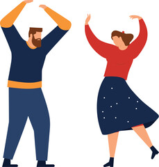 Bearded man and woman dancing together, both in casual attire, having fun. Joyful couple performance dance moves, cheerful mood vector illustration.