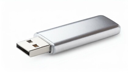 Side view of silver USB memory stick isolated clipping path white background 