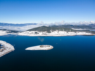 Aerial winter view of Batak Reservoir, Bulgaria