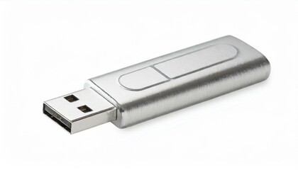 Side view of silver USB memory stick isolated clipping path white background 
