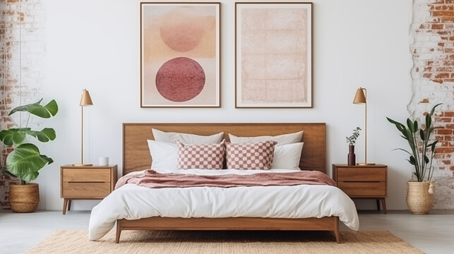 Fototapeta Mockup - obraz na ścianie. Jasna przytulna sypialnia w stylu boho lub skandynawskim. Brązowe i białe kolory wystroju wnętrza i dodatków. Render 3d. Wizualizacja