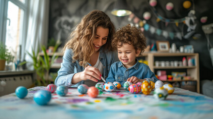 A woman and a child enjoy Easter egg decoration, embodying a festive holiday concept. Ai generative illustration
