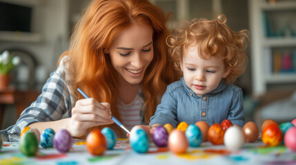 Obraz premium A woman and child together painting colorful Easter eggs in a festive celebration. Ai generative illustration