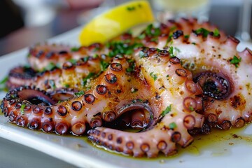 Greek dish of grilled octopus served on a white plate - obrazy, fototapety, plakaty