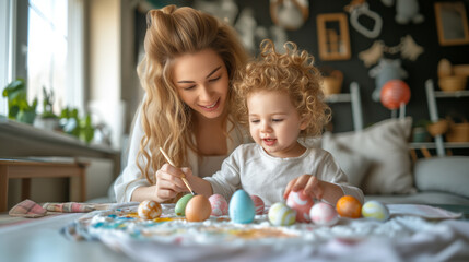 Fototapeta premium A woman and a child decorating Easter eggs together in a festive holiday setting. Ai generative illustration