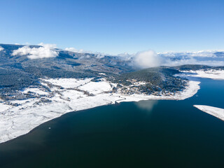Aerial winter view of Batak Reservoir, Bulgaria