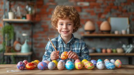 Fototapeta na wymiar A child engages in Easter egg preparation, displaying festive spirit and holiday joy. Ai generative illustration