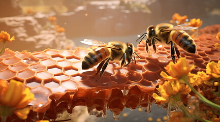 Bees bring pollen into the apiary with sunlight. Generative ai - obrazy, fototapety, plakaty