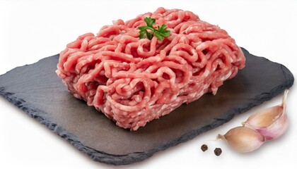Top view of raw minced beef meat clipping path white background