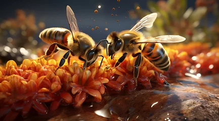 Fotobehang Bees bring pollen into the apiary with sunlight. Generative ai © imam