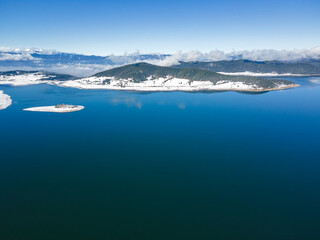 Aerial winter view of Batak Reservoir, Bulgaria