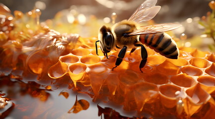 Bees bring pollen into the apiary with sunlight. Generative ai - obrazy, fototapety, plakaty
