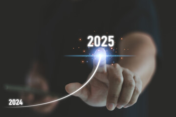 Business people hand drawing line tech for increasing arrow change from 2024 to 2025 for...