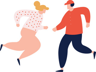 Abstract man and woman running in casual clothes, flat design. Cartoon characters in exercise pose, dynamic movement vector illustration.