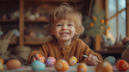 Fototapeta na wymiar A happy child painting Easter eggs in a festive setup. Ai generative illustration