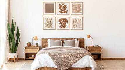 Mockup - obraz na ścianie. Jasna przytulna sypialnia w stylu boho lub skandynawskim. Brązowe i białe kolory wystroju wnętrza i dodatków. Render 3d. Wizualizacja