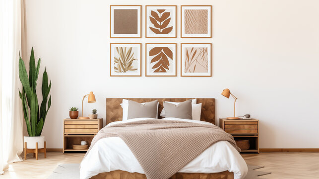 Fototapeta Mockup - obraz na ścianie. Jasna przytulna sypialnia w stylu boho lub skandynawskim. Brązowe i białe kolory wystroju wnętrza i dodatków. Render 3d. Wizualizacja