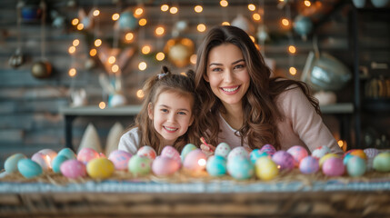 Fototapeta na wymiar A woman and a child celebrate Easter by preparing colorful eggs together. Festive holiday concept. Ai generative illustration