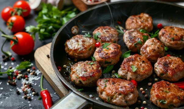 Healthy family dinner with pan fried pork cutlets made from ground meat